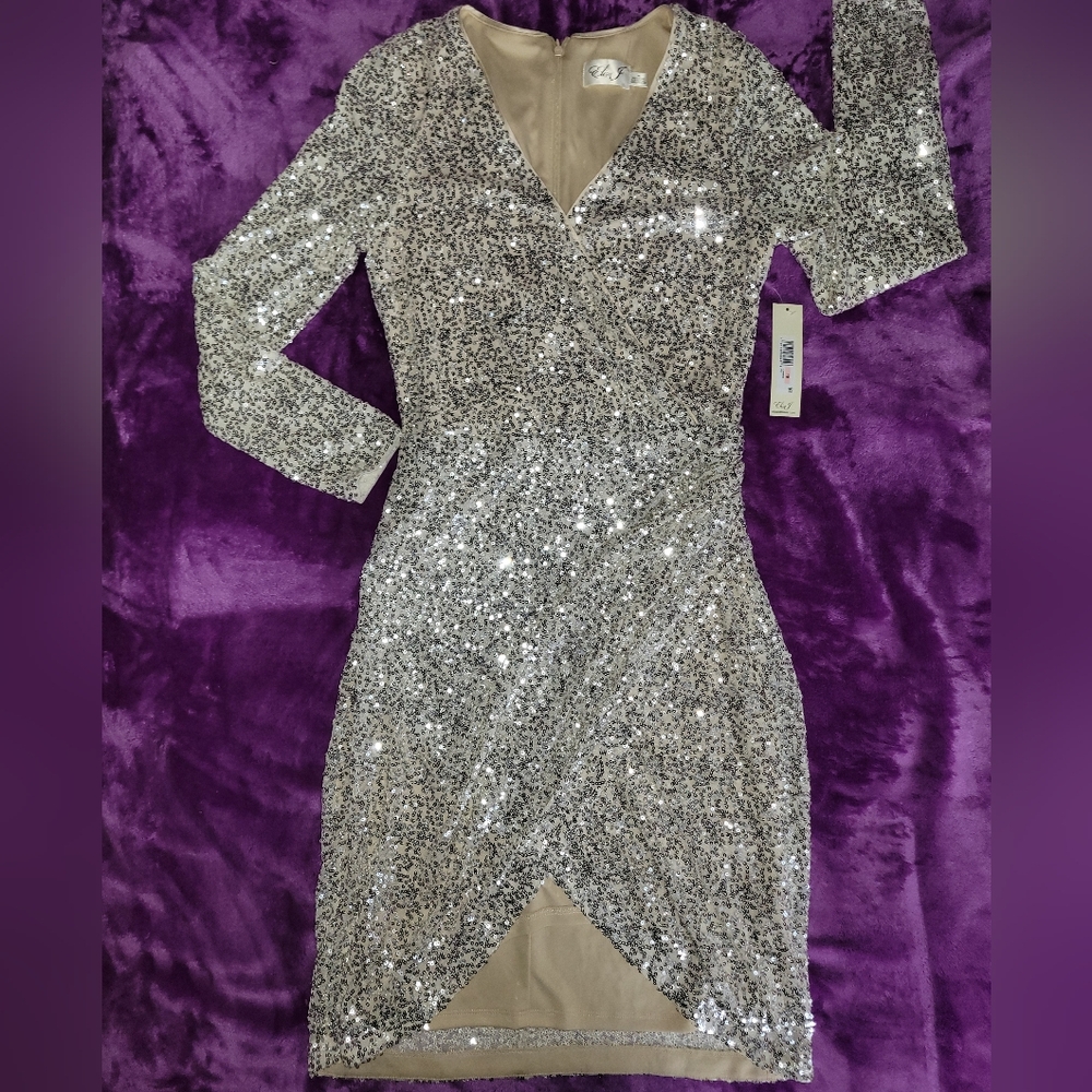 Eliza J Silver Sequin Long Sleeve Mid Dress Size 10